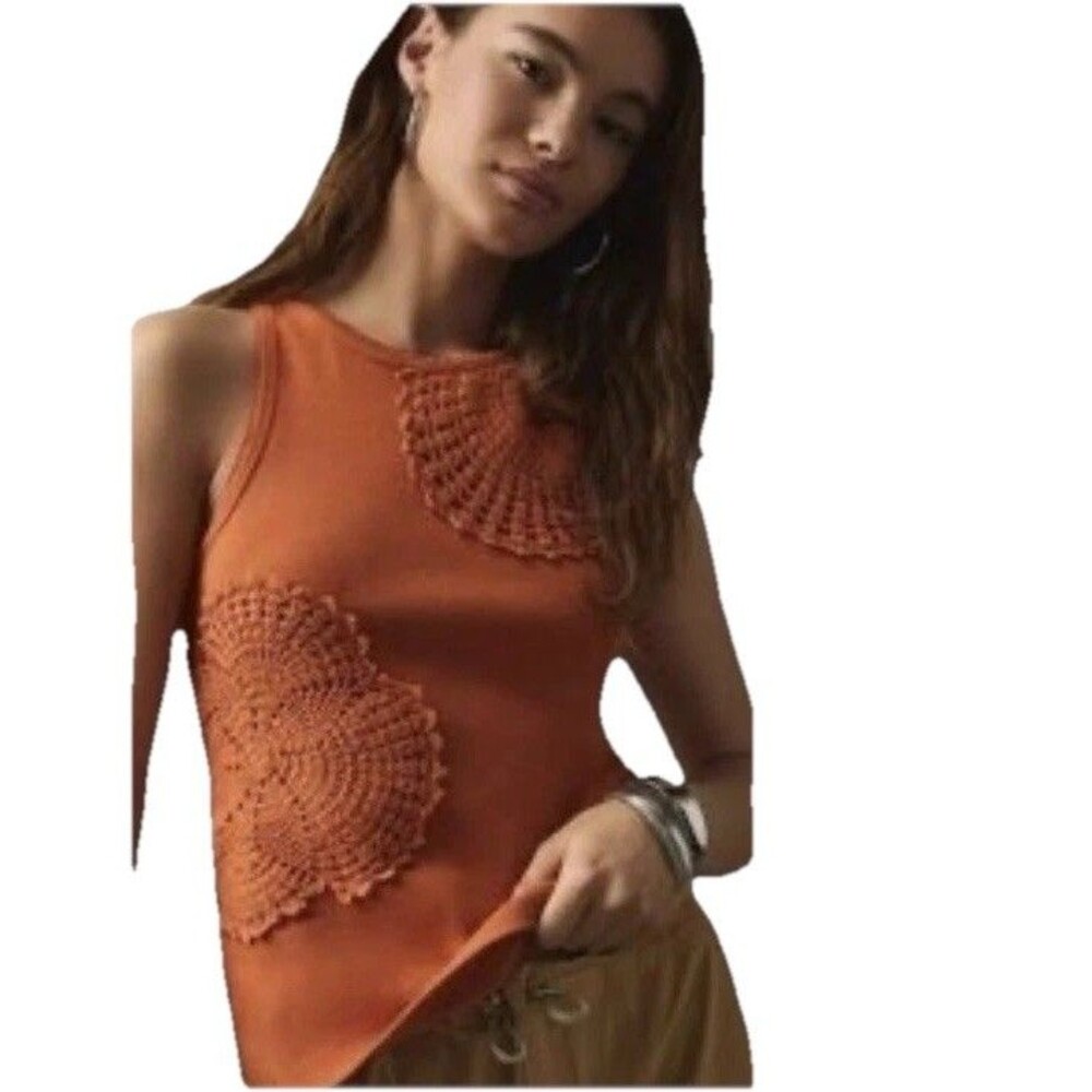 Anthropologie tank top Size M Ribbed Knit Orange crochet appliqué Boho